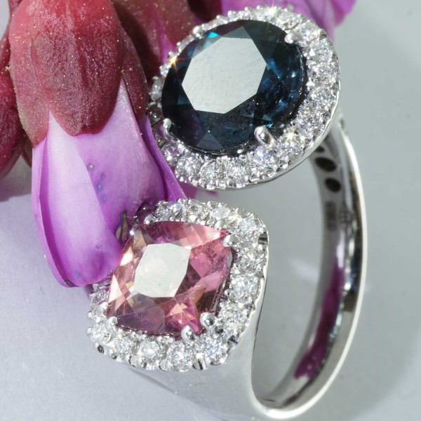 Rosa Turmalin Blautopas Brillant Ring 750er Weissgold 1.41 ct 3.38 ct 0.56 ct...Zwillingsring