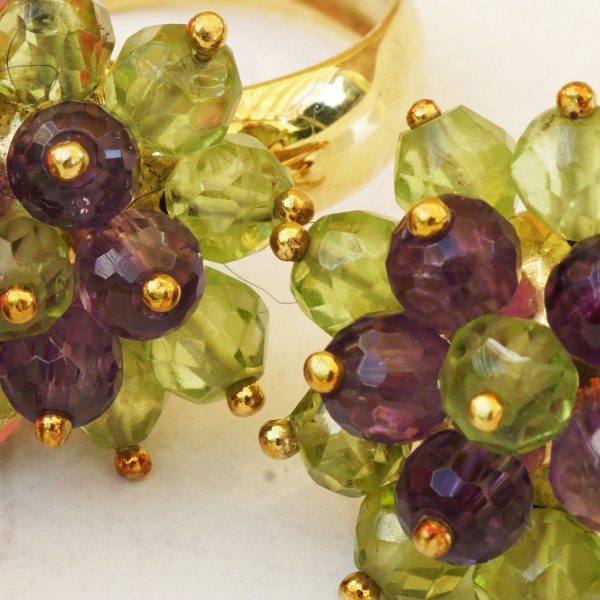 Ohrstecker Ring Set Peridot Amethyst 585er Gelbgold Vintage 60er Jahre Blütendesign ausgefallen