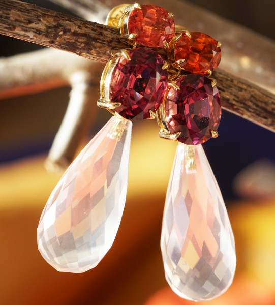 Spinel Rhodolithe Earrings 18 kt Yellow Gold ....magnificent