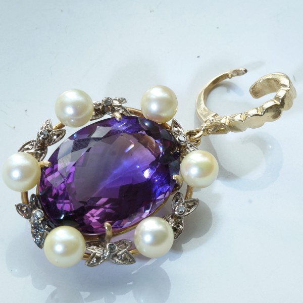 Akoya Zuchtperl Amethyst Diamant Anhänger Clip 585er Gelbgold Retro Stil TOP Amethyst