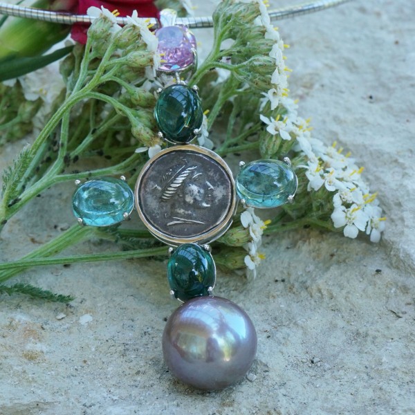 Pendant Cross with Replica Coin and blue-green Turmalin and Kunzite