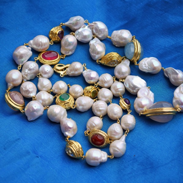Edelstein Perl Prachtkette 925er Silber vergoldet 108 cm lang