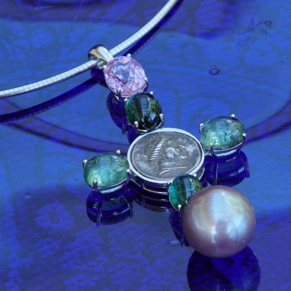 Pendant Cross with Replica Coin and blue-green Turmalin and Kunzite