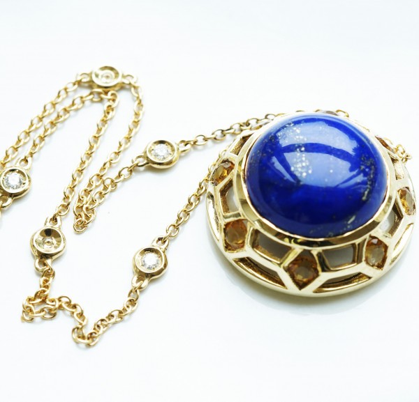 Citrin Lapis Lazuli Collier 750er Gelbgold Brillantkette 0.12 ct designed in Valenza