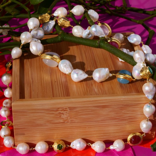 Edelstein Perl Prachtkette 925er Silber vergoldet 110 cm lang