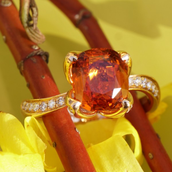 Mandarin Granat Brillant Ring 750er Rosegold 4.01 ct AAA Blütenkelchfassung