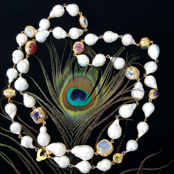 Prachtkette mit Perlen und echten Edelsteinen, Silber/vergoldet, handgearbeitet,