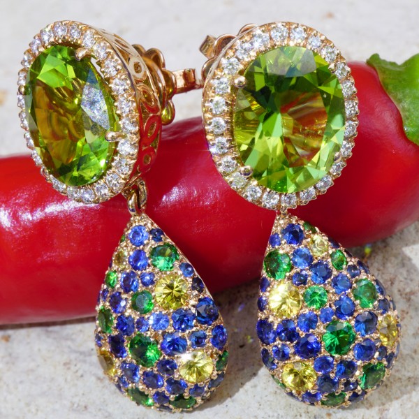 Peridot Saphire Diamond Earrings....18 kt Rose Gold....the most beautiful Color of the Day