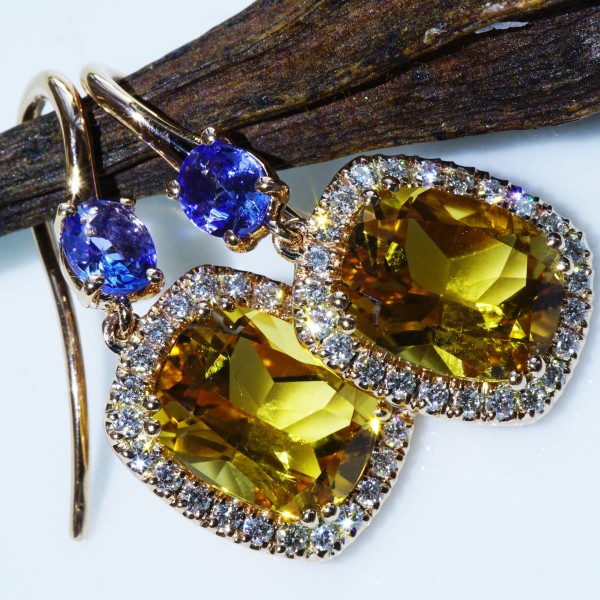 Tanzanite Citrine Earring with Brilliants 18 kt Rose Gold....High Quality Jewellery