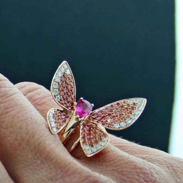 Edle Tierkunst! Schmetterling Turmalin/Saphir/Brillant Ring 750er Gold