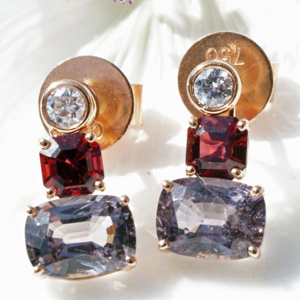 Spinel Diamond Earrings from Burma...Red and Grey-violet 18kt Rosegold