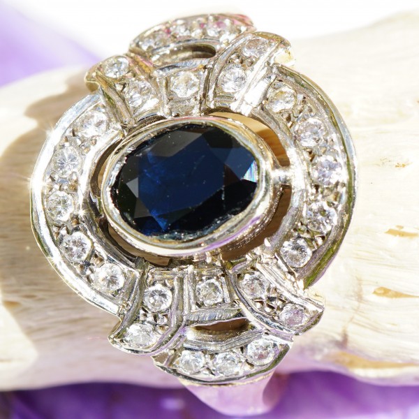 Saphir Diamant Ring 585er Gold 5,5 Gramm 0.30 ct im Art Deco Stil 60er Jahre