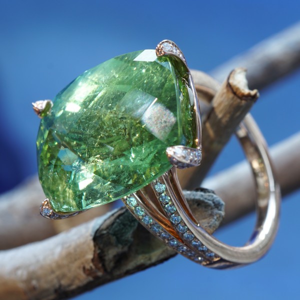 Turmalin Brillant Ring 17.98 ct 0.60 ct TW VS .....paraibafarben grün gewaltig schön Rosegold 18 kt